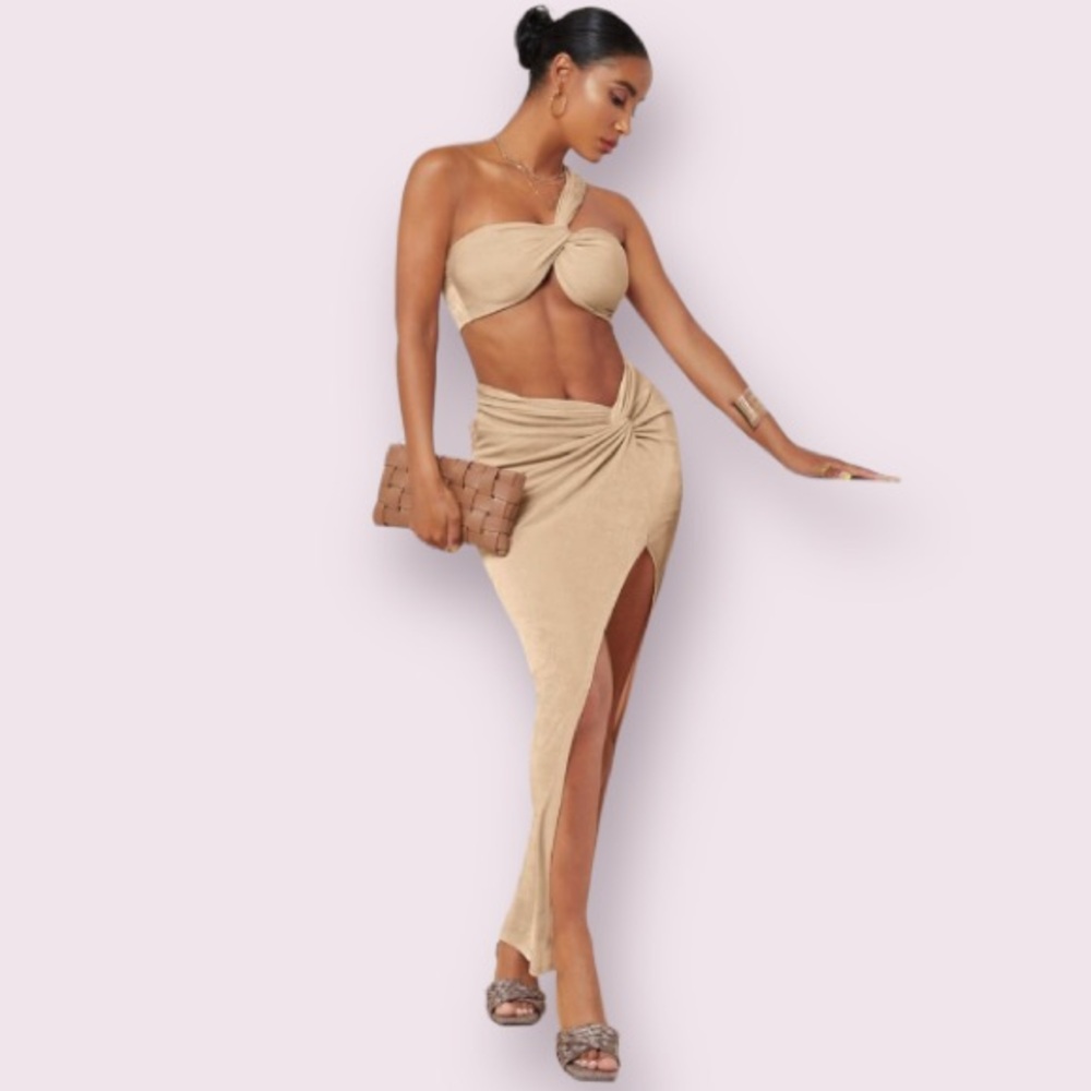 SHEIN BAE One Shoulder Crop Top & Twist
Front Split Thigh Skirt in Apricot